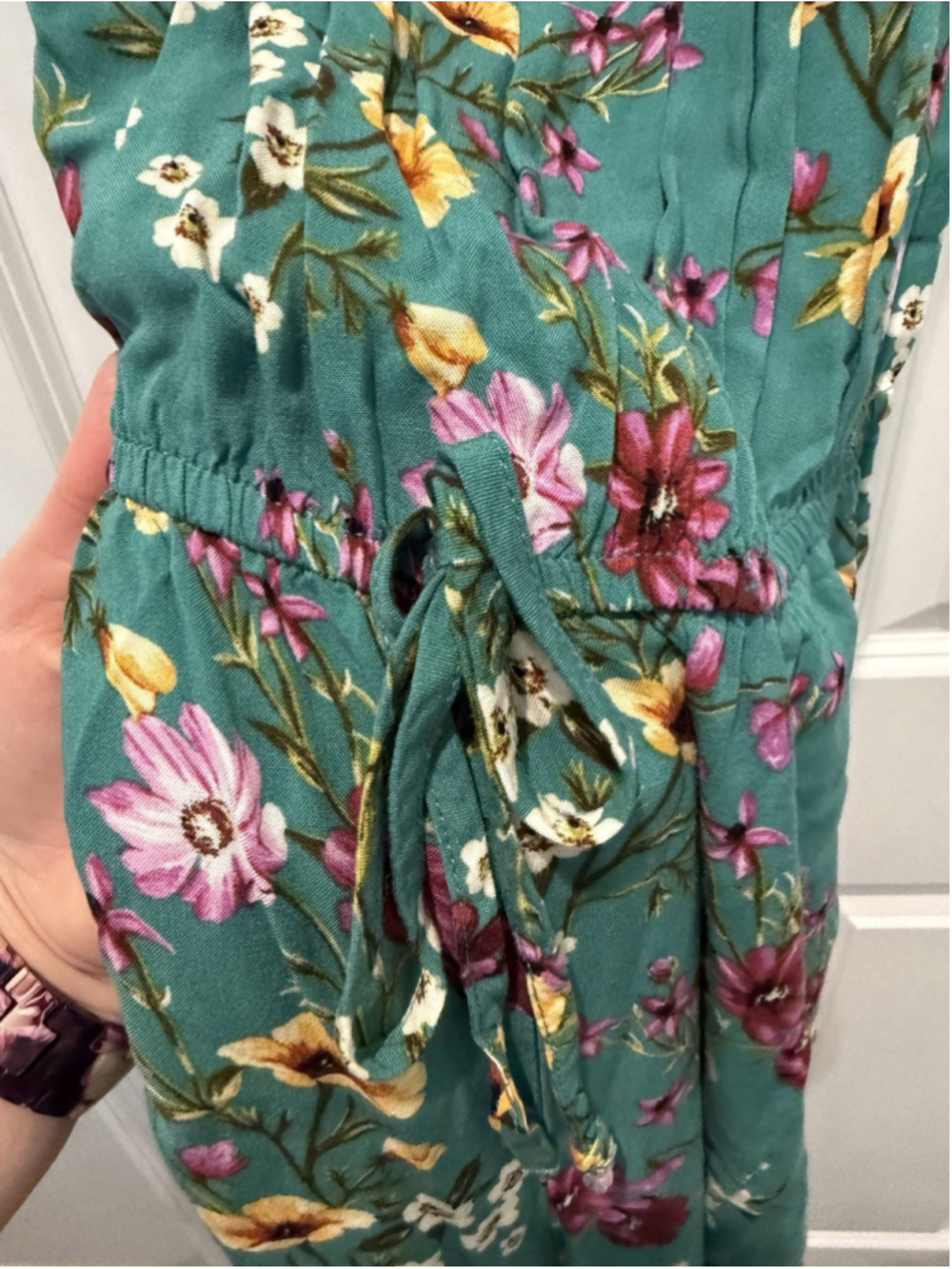 Xhilaration Women's Green Floral Puff Sleeve Tie Jumpsuit One-Piece Size S - Picture 5 of 9